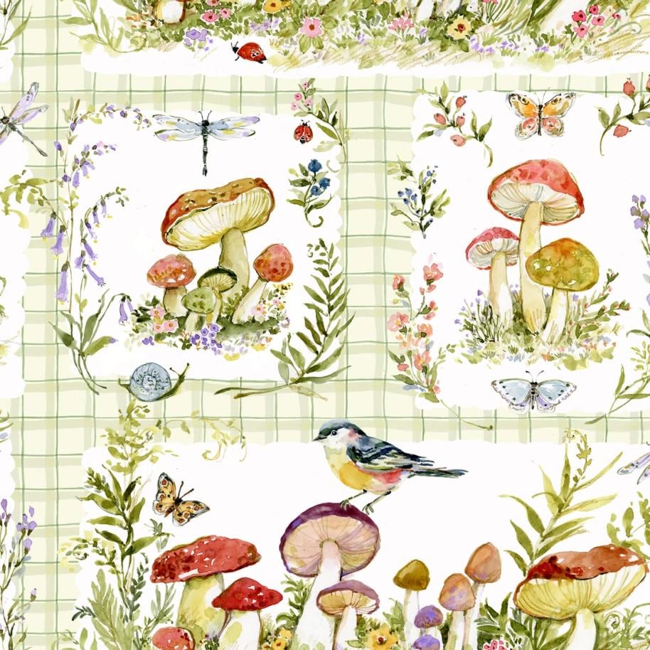 Springs Creative ~ Mushrooms ~ MUSHROOMS PATCH ~ (Licensed Print) ~ White ~ Sold by the 1/2 Yard