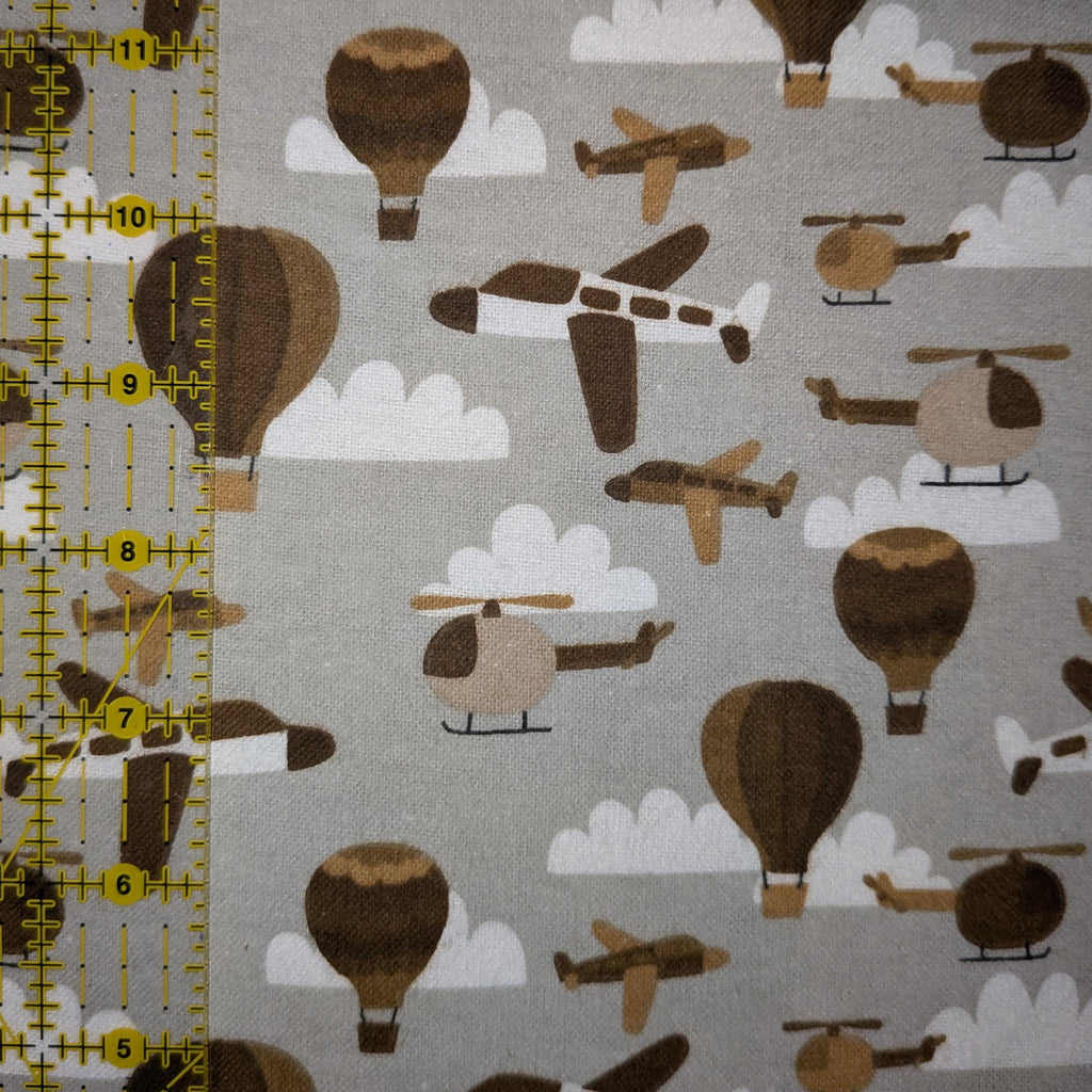 A.E. Nathan ~ AIRPLANES & HELICOPTERS ~ FLANNEL ~ Gray ~ Sold by the 1/2 Yard