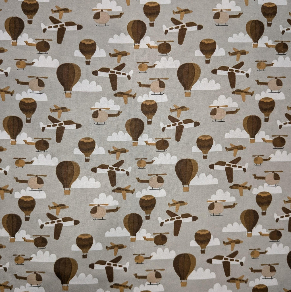 A.E. Nathan ~ AIRPLANES & HELICOPTERS ~ FLANNEL ~ Gray ~ Sold by the 1/2 Yard