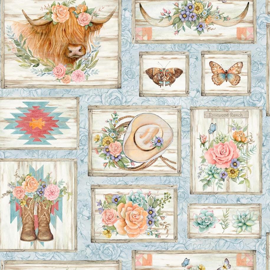 Springs Creative ~ Highland Ranch ~ HIGHLAND PATCH ~ (Licensed Print) ~ Blue ~ Sold by the 1/2 Yard