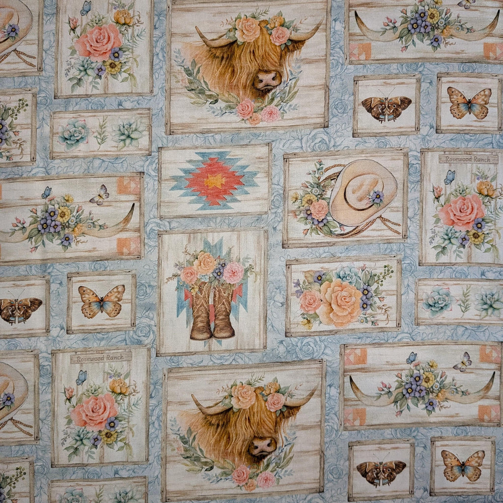 Springs Creative ~ Highland Ranch ~ HIGHLAND PATCH ~ (Licensed Print) ~ Blue ~ Sold by the 1/2 Yard