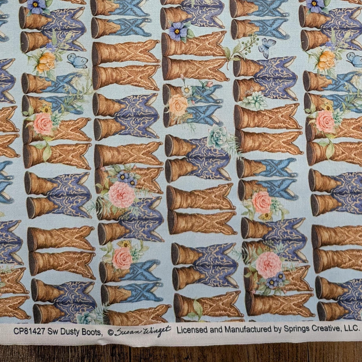Springs Creative ~ Highland Ranch ~ DUSTY BOOTS ~ (Licensed Print) ~ Blue ~ Sold by the 1/2 Yard