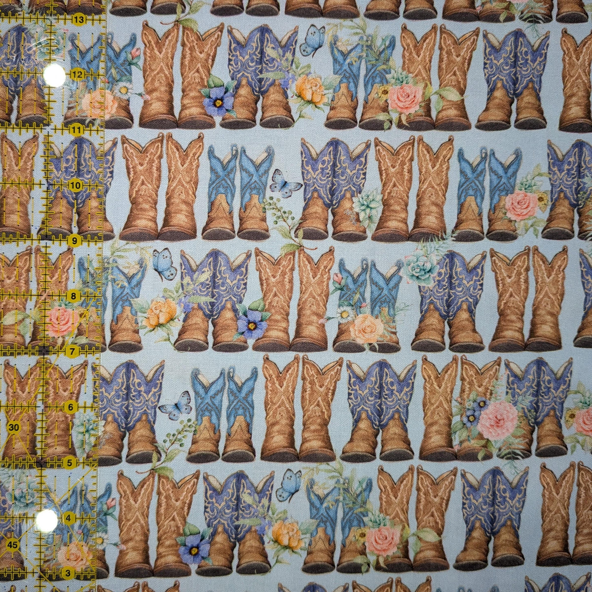 Springs Creative ~ Highland Ranch ~ DUSTY BOOTS ~ (Licensed Print) ~ Blue ~ Sold by the 1/2 Yard
