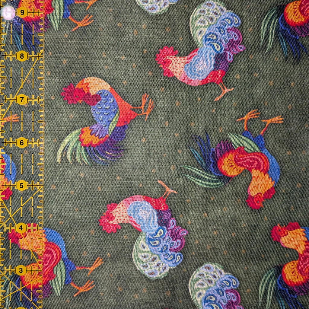 Springs Creative ~ Calico Red ~ ROOSTER TOSS ~ (Licensed Print) ~ Green ~ Sold by the 1/2 Yard