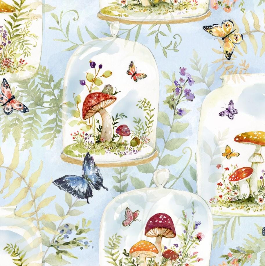 Springs Creative ~ Mushrooms ~ MUSHROOMS JARS ~ (Licensed Print) ~ Blue ~ Sold by the 1/2 Yard