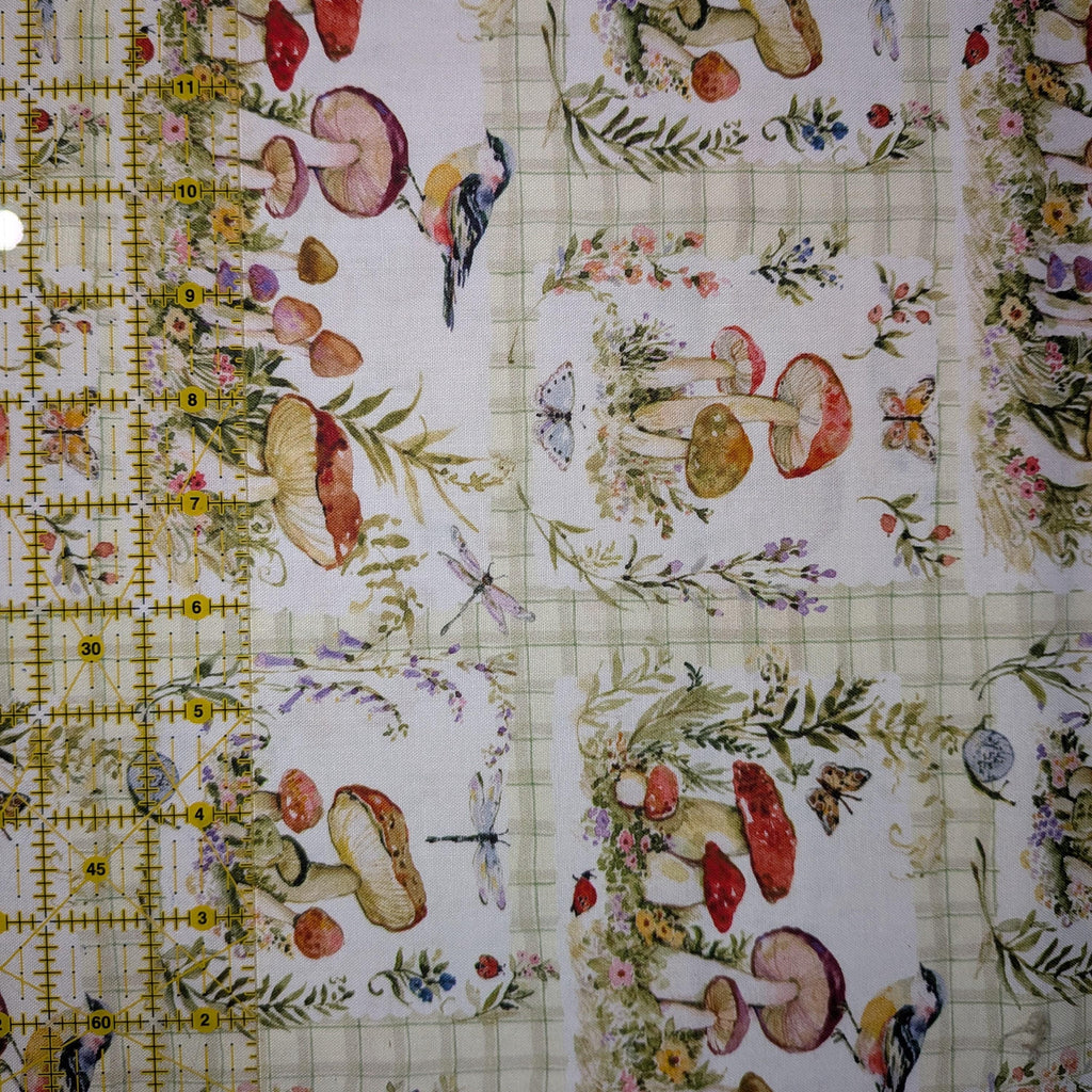 Springs Creative ~ Mushrooms ~ MUSHROOMS PATCH ~ (Licensed Print) ~ White ~ Sold by the 1/2 Yard