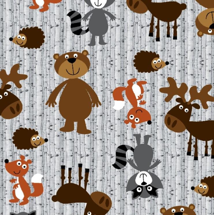 A.E. Nathan ~ WOODLAND ANIMALS ~ FLANNEL ~ Gray ~ Sold by the 1/2 Yard