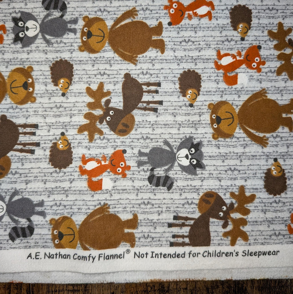 A.E. Nathan ~ WOODLAND ANIMALS ~ FLANNEL ~ Gray ~ Sold by the 1/2 Yard