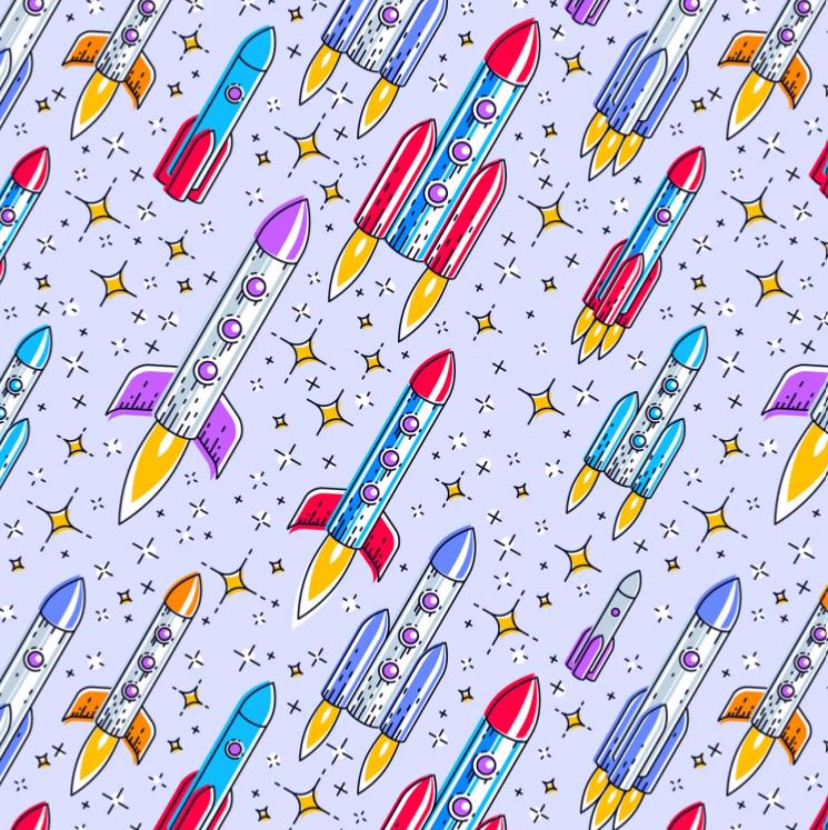 David Textiles ~ Up And Away ROCKETS ~ FLANNEL ~ Purple ~ Sold by the 1/2 Yard
