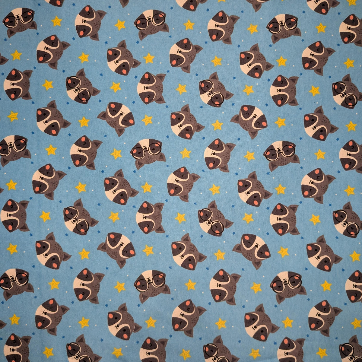 David Textiles ~ RACCOONS ~ FLANNEL ~ Blue ~ Sold by the 1/2 Yard