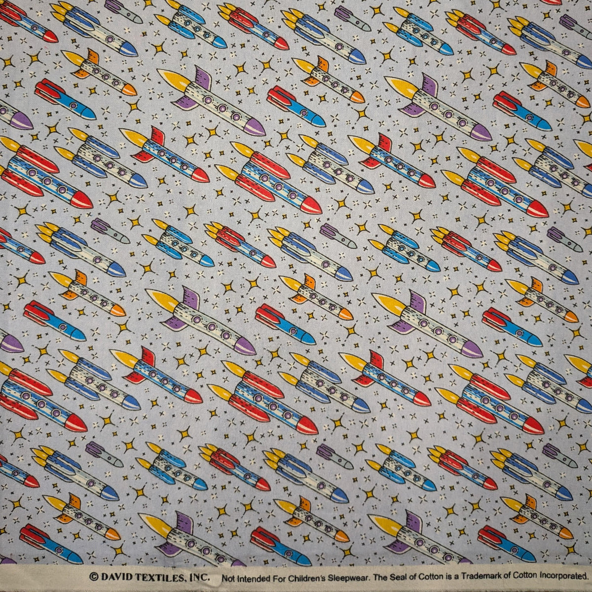 David Textiles ~ Up And Away ROCKETS ~ FLANNEL ~ Purple ~ Sold by the 1/2 Yard