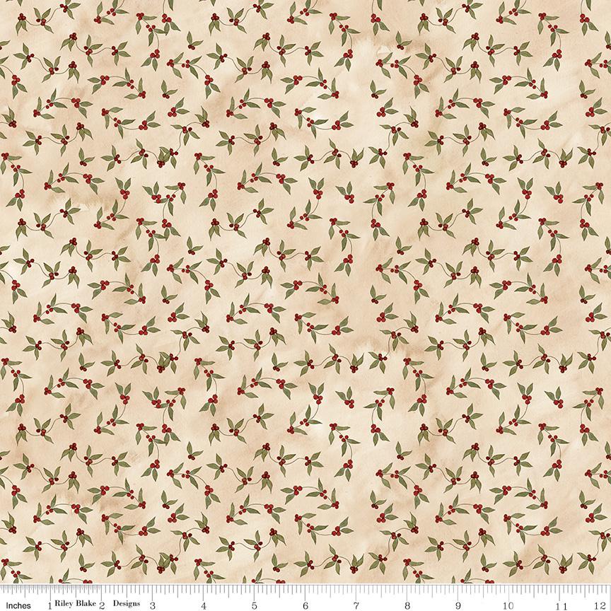 Riley Blake Designs ~ Naughty Or Nice ~ HOLLY BERRIES ~ Parchment ~ Cotton Quilting Fabric ~ Sold by the 1/2 Yard