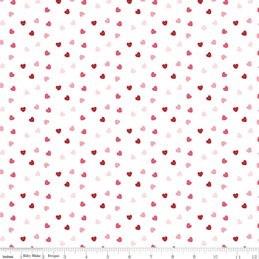 Riley Blake Designs ~ Sew In Love ~ HEART BUTTONS ~ White ~ Cotton Quilting Fabric ~ Sold by the 1/2 Yard