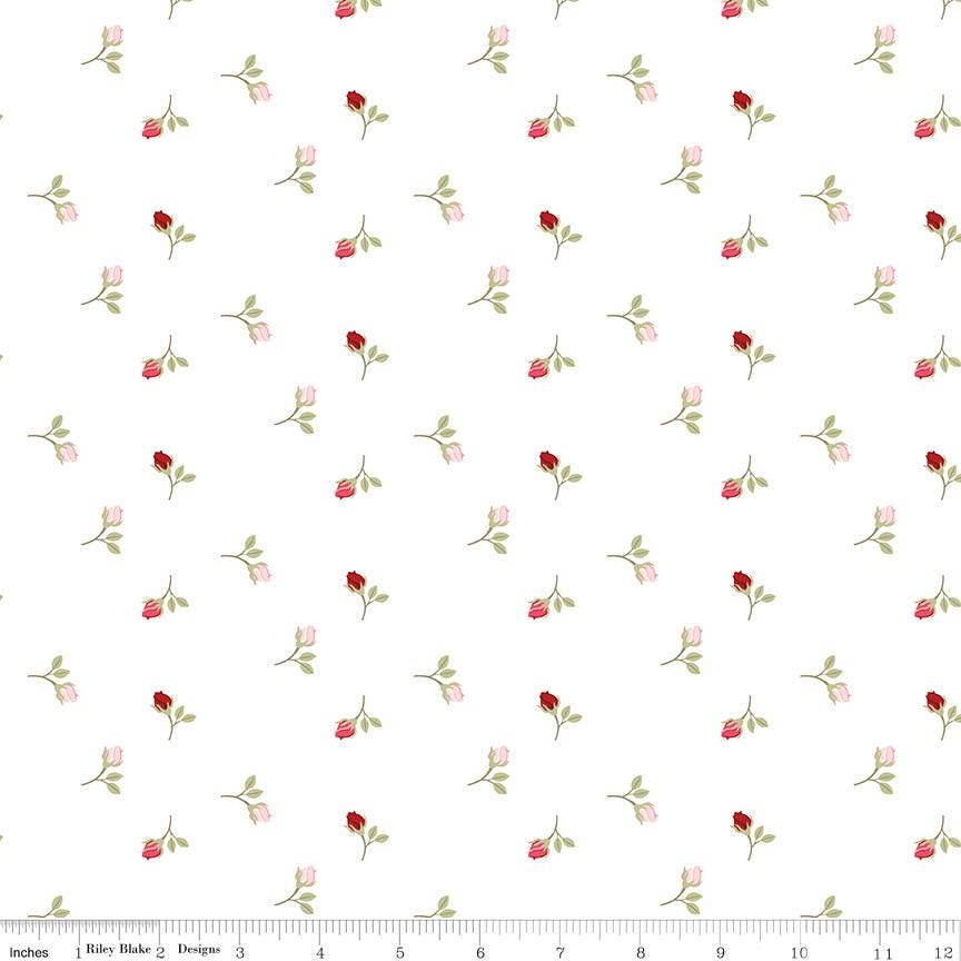 Riley Blake Designs ~ Sew In Love ~ ROSEBUDS ~ White ~ Cotton Quilting Fabric ~ Sold by the 1/2 Yard