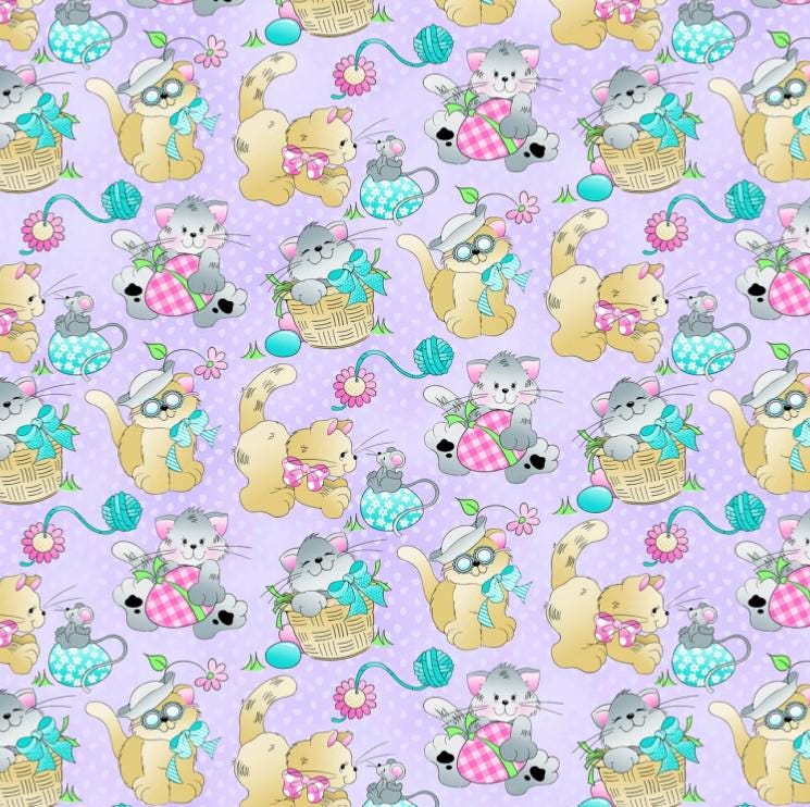 Fabric Traditions ~ CATS & EGGS (Holiday Prints) ~ Purple ~ Sold by the 1/2 Yard
