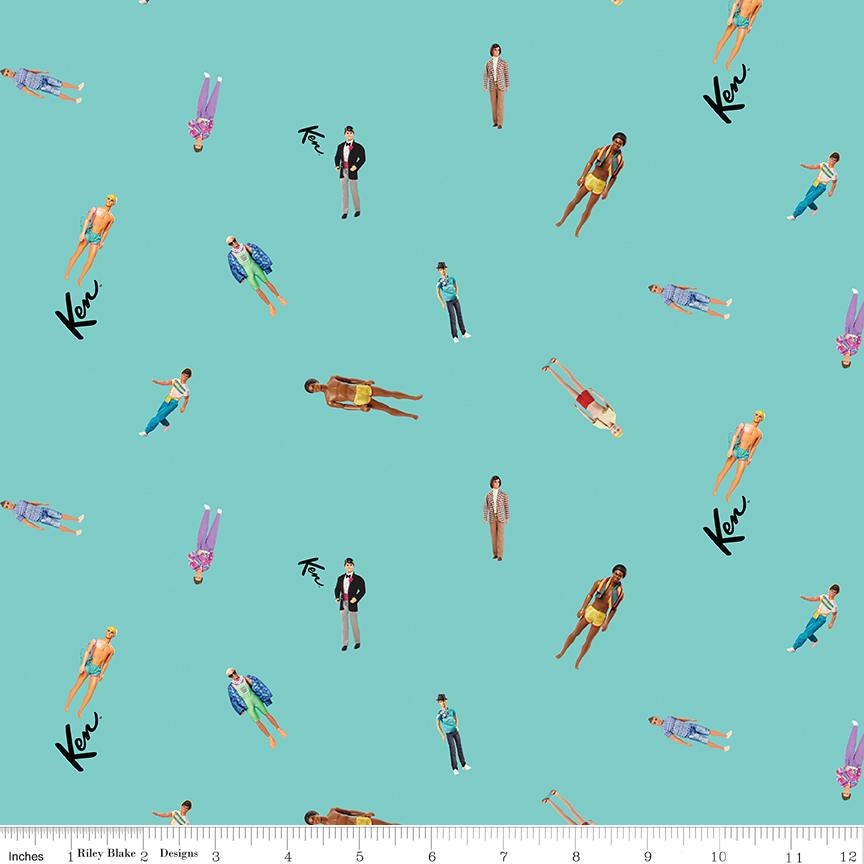 Riley Blake Designs ~ Barbie World ~ KEN DOLLS~ Teal and Pink ~ Cotton Quilting Fabric ~ Sold by the 1/2 Yard