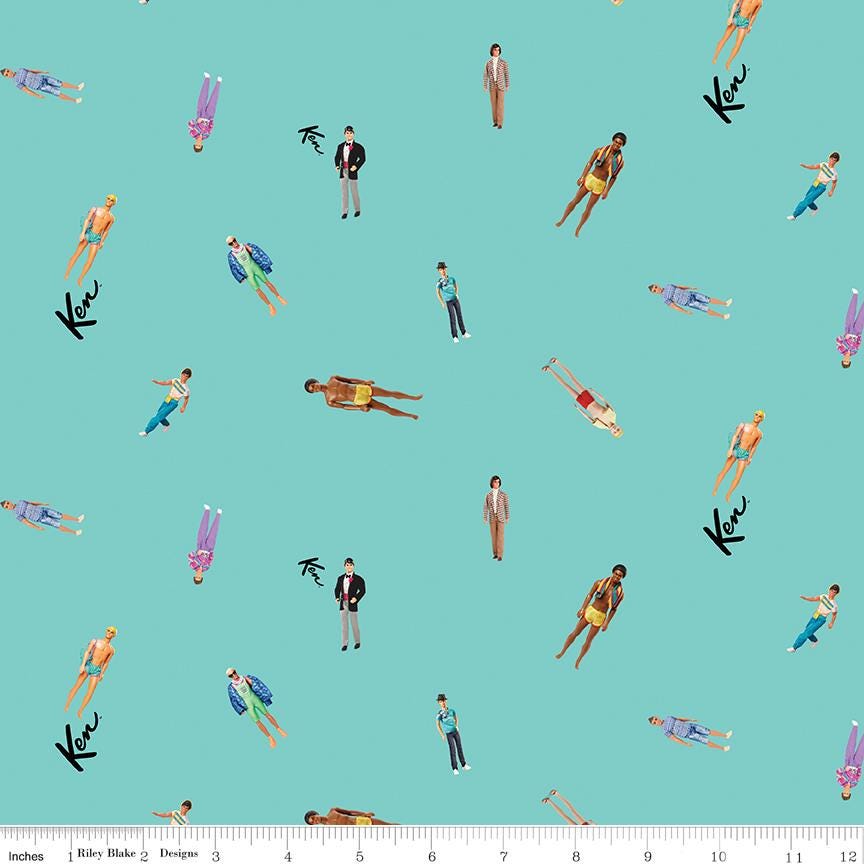 Riley Blake Designs ~ Barbie World ~ KEN DOLLS~ Teal and Pink ~ Cotton Quilting Fabric ~ Sold by the 1/2 Yard