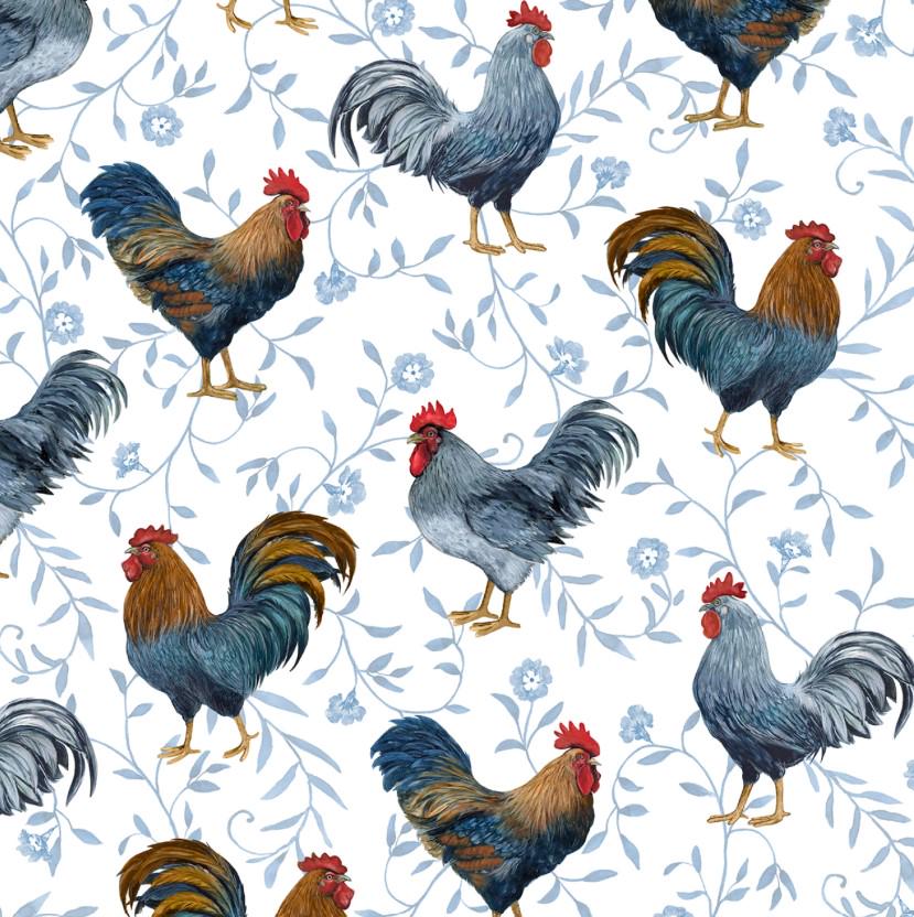 Wilmington Prints ~ Country Blue ~ ROOSTER TOSS ~ Gray ~ Sold by the 1/2 Yard