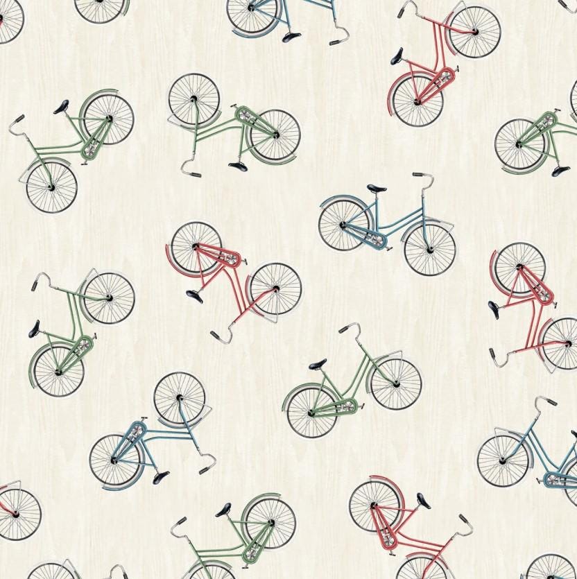 Wilmington Prints ~ Evergreen Escape ~ BIKE TOSS ~ Sand or Sage ~ Sold by the 1/2 Yard