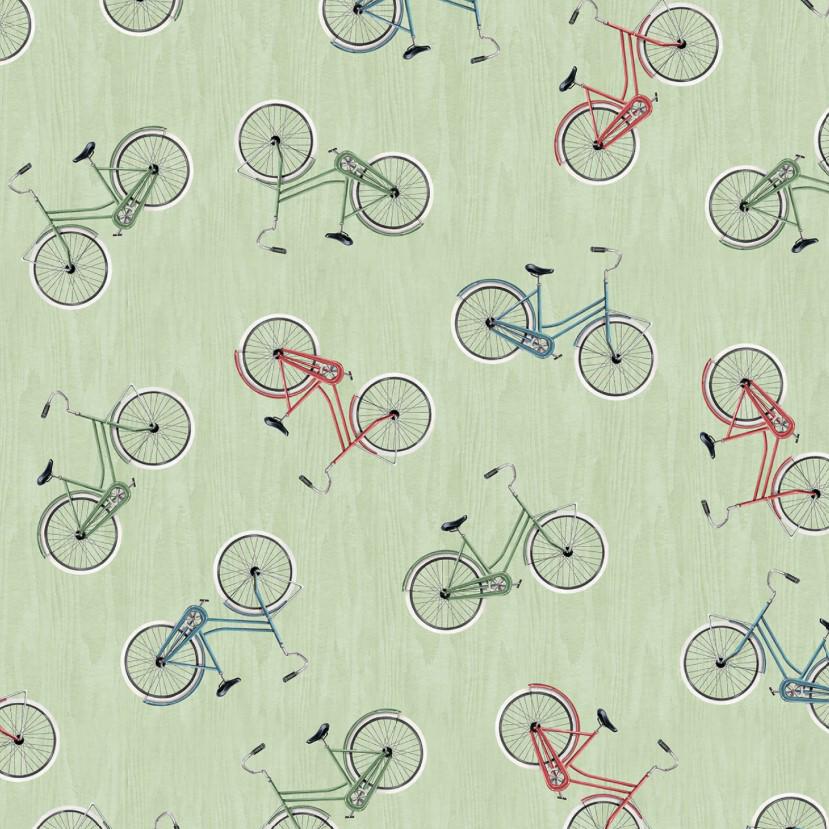 Wilmington Prints ~ Evergreen Escape ~ BIKE TOSS ~ Sand or Sage ~ Sold by the 1/2 Yard