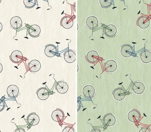 Wilmington Prints ~ Evergreen Escape ~ BIKE TOSS ~ Sand or Sage ~ Sold by the 1/2 Yard