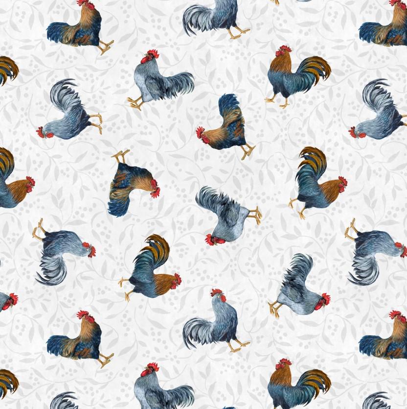 Wilmington Prints ~ Country Blue ~ ROOSTER TOSS ~ Gray ~ Sold by the 1/2 Yard