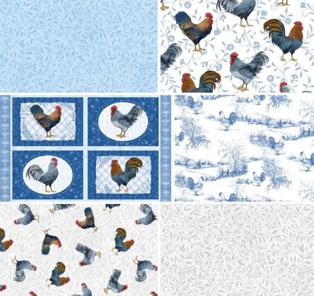 Wilmington Prints ~ Country Blue ~ ROOSTER TOSS ~ Gray ~ Sold by the 1/2 Yard