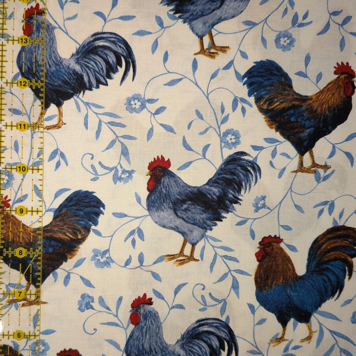 Wilmington Prints ~ Country Blue ~ ROOSTER TOSS ~ Gray ~ Sold by the 1/2 Yard
