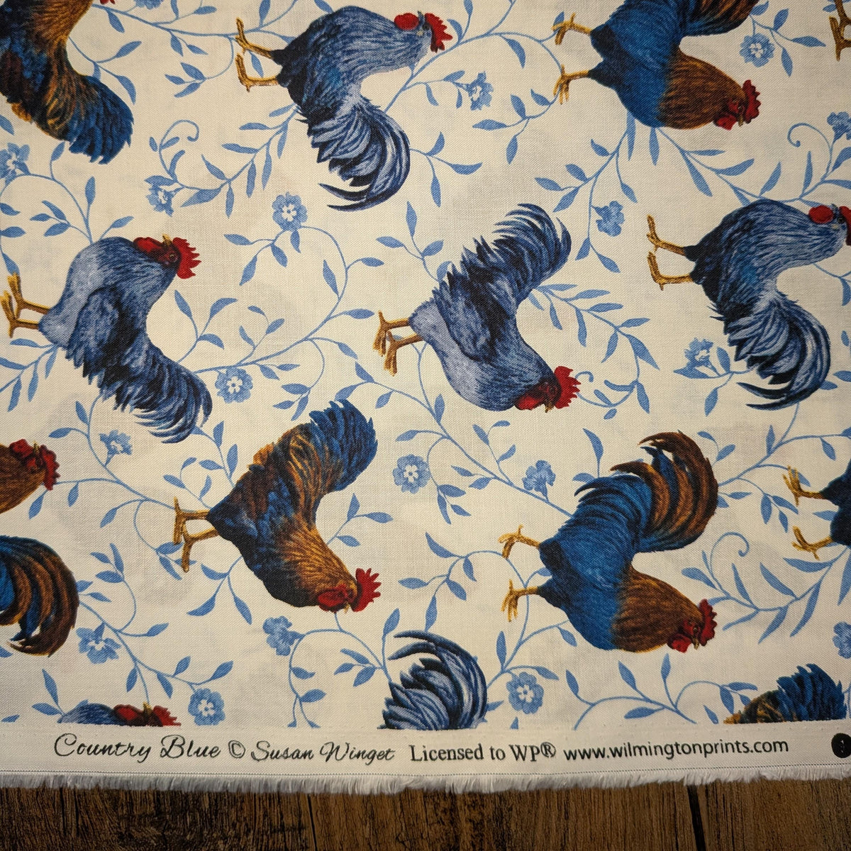 Wilmington Prints ~ Country Blue ~ ROOSTER TOSS ~ Gray ~ Sold by the 1/2 Yard