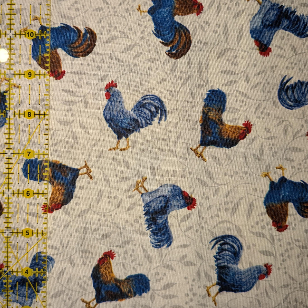 Wilmington Prints ~ Country Blue ~ ROOSTER TOSS ~ Gray ~ Sold by the 1/2 Yard