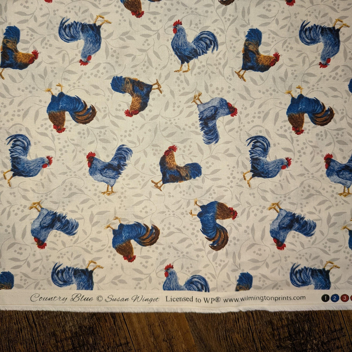 Wilmington Prints ~ Country Blue ~ ROOSTER TOSS ~ Gray ~ Sold by the 1/2 Yard