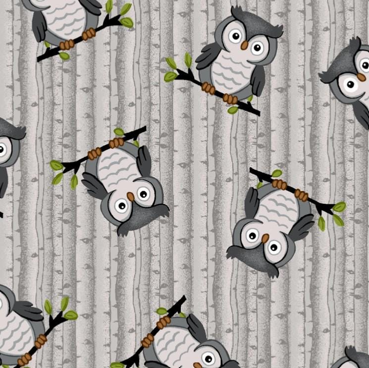A.E. Nathan ~ SITTING OWLS ~ FLANNEL ~ Gray ~ Sold by the 1/2 Yard