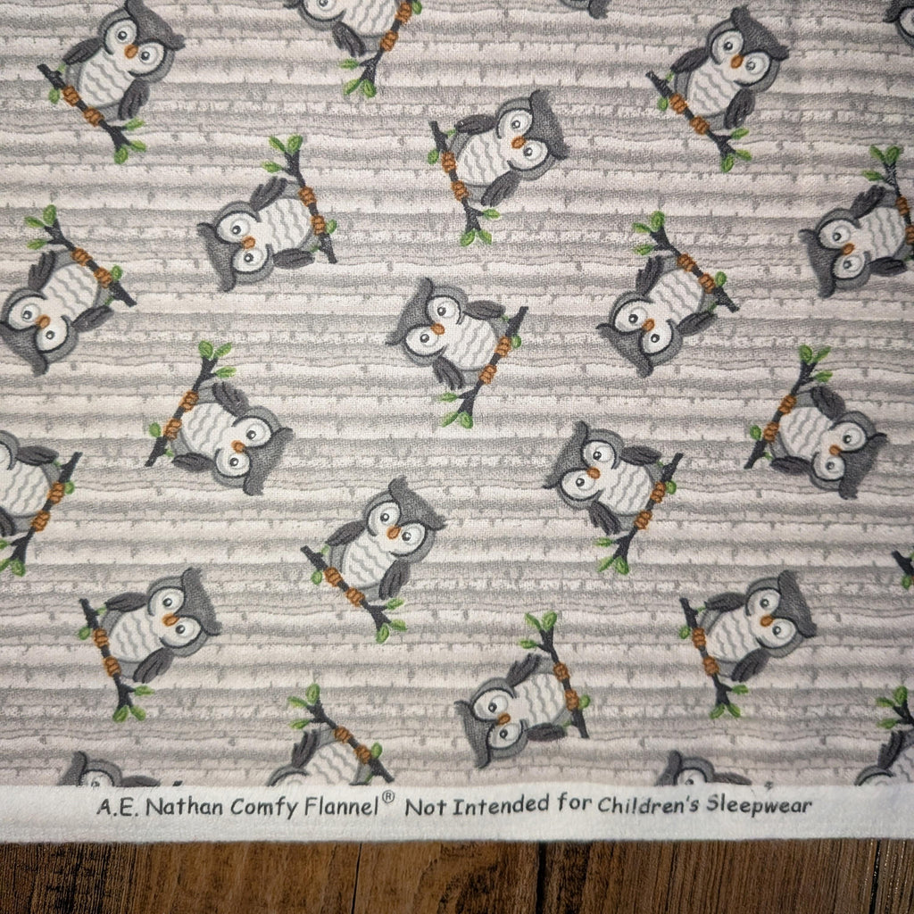 A.E. Nathan ~ SITTING OWLS ~ FLANNEL ~ Gray ~ Sold by the 1/2 Yard