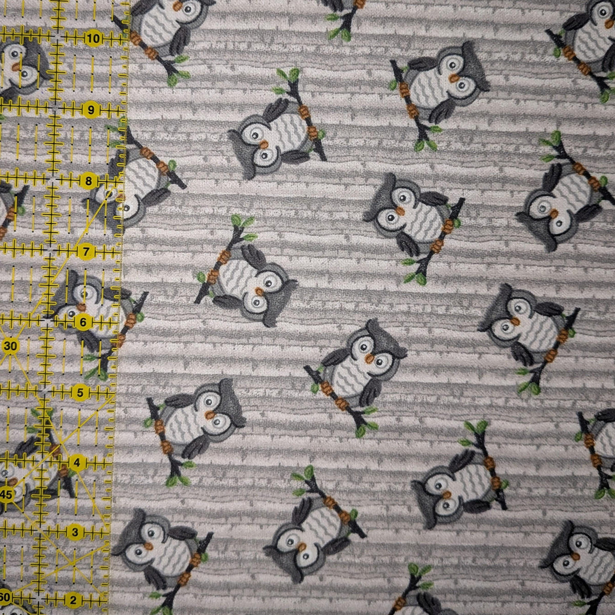 A.E. Nathan ~ SITTING OWLS ~ FLANNEL ~ Gray ~ Sold by the 1/2 Yard