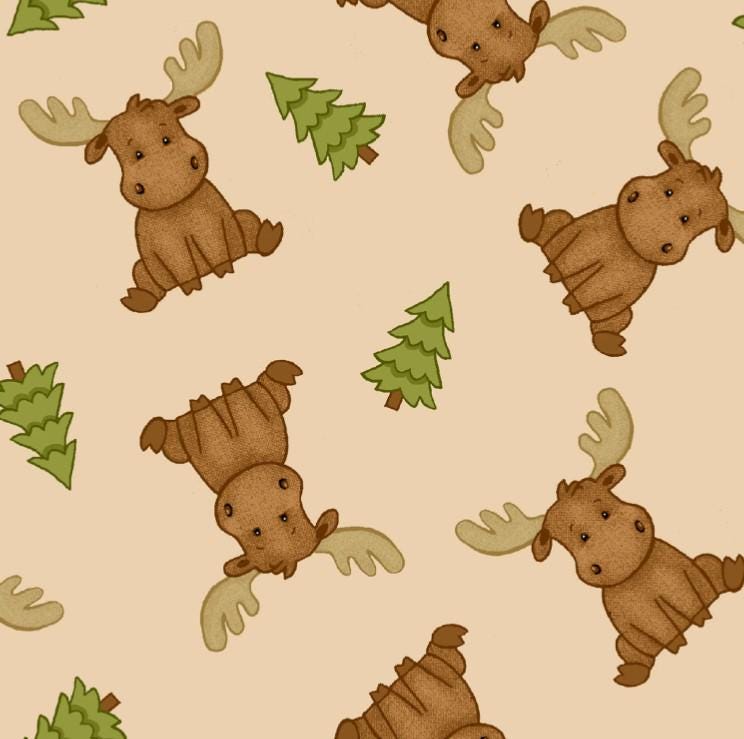 A.E. Nathan ~ SITTING MOOSE ~ FLANNEL ~ Beige ~ Sold by the 1/2 Yard